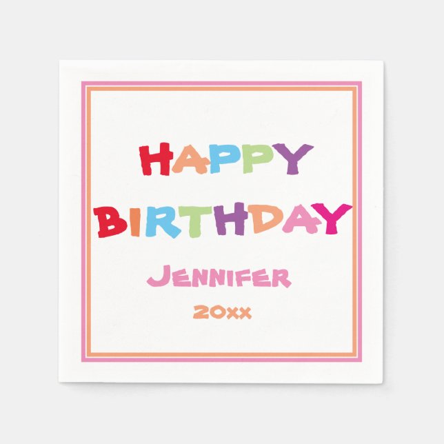 Bright & Colourful Personalised Happy Birthday  Napkin (Front)