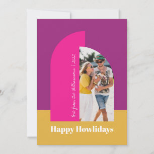Bright Colourful Pink Christmas Family Photo Arch Holiday Card
