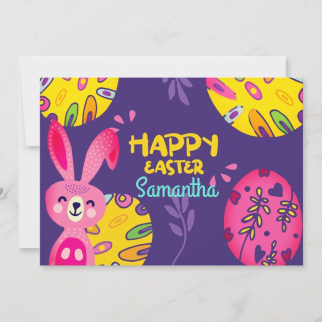 Bright Colourful Pink Easter Bunny, Purple Holiday Card (Front)