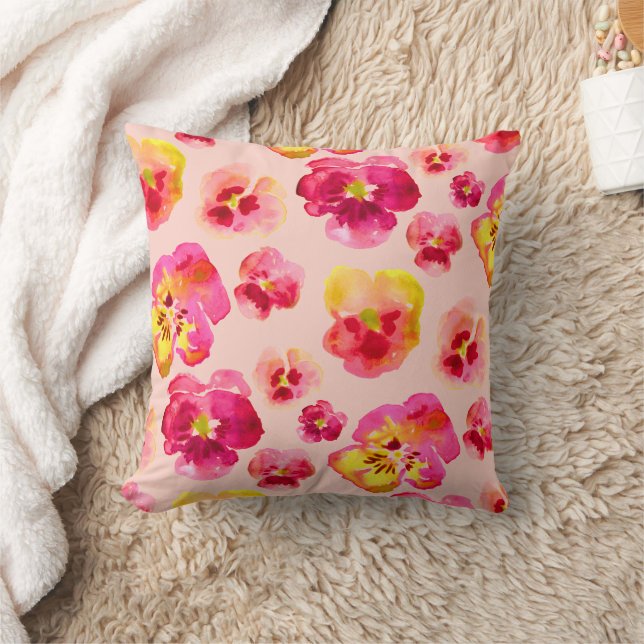 Bright Colourful Pink Pansy Design Throw Cushion (Blanket)
