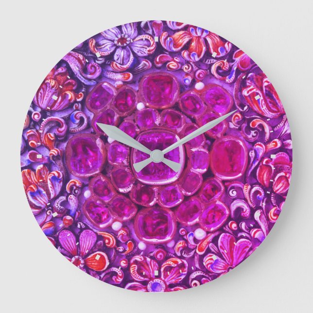 Bright Colourful Pink Purple Flowers Floral Large Clock (Front)