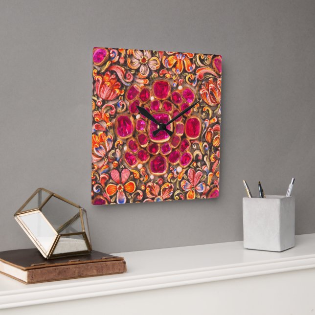 Bright Colourful Pink Red Orange Floral Square Wall Clock (Office)