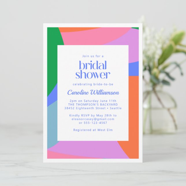 Bright Colourful Playful Abstract Art Bridal Showe Invitation (Standing Front)