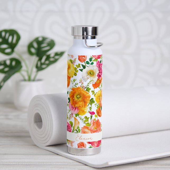 Bright Colourful Poppies Floral Personalised Water Bottle (Yoga)