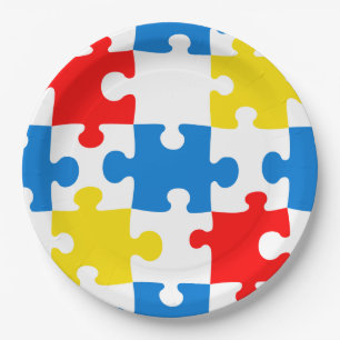Bright Colourful Puzzle Pieces Pattern Paper Plate