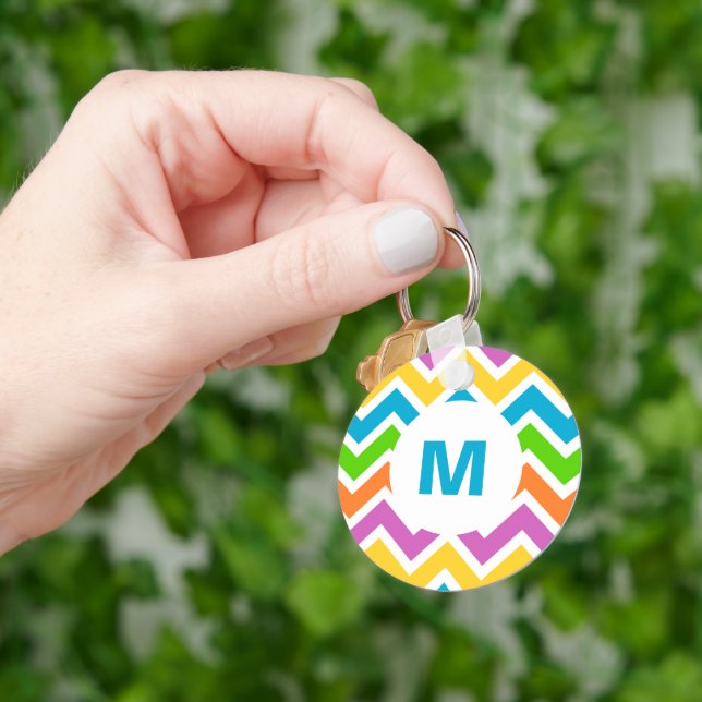 Bright Colourful Rainbow Chevron Monogram Key Ring (Hand)