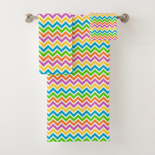 Bright Colourful Rainbow Chevron Pattern Bath Towel Set (Insitu)