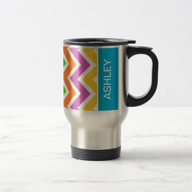 Bright Colourful Rainbow Chevron Personalised Travel Mug (Right)