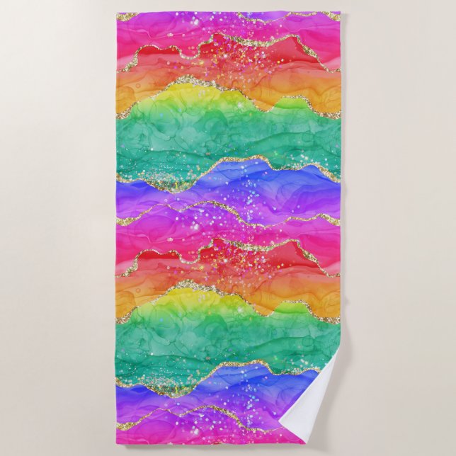 Bright Colourful Rainbow Glitter Gold Agate Beach Towel (Front)