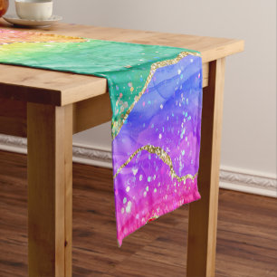Bright Colourful Rainbow Glitter Gold Agate Short Table Runner