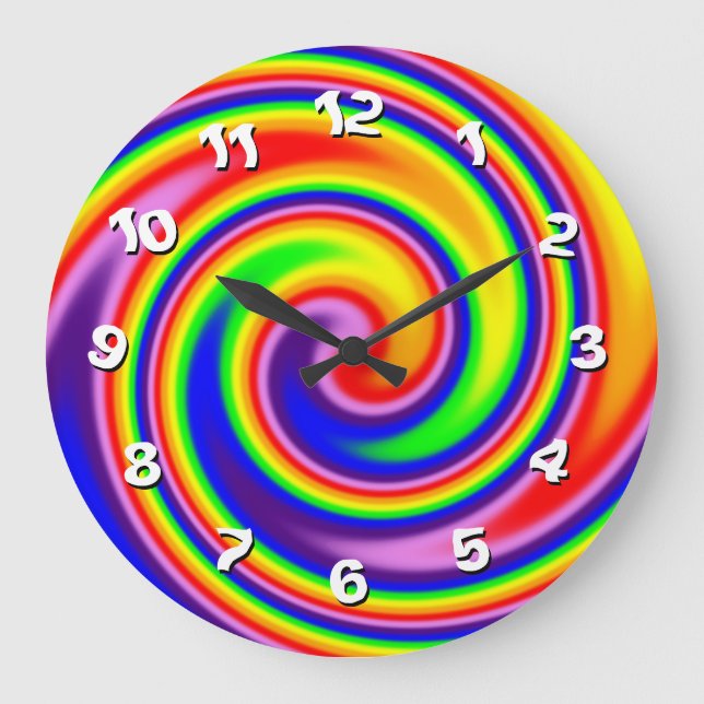 Bright Colourful Rainbow Spiral Swirl Wonky Number Large Clock (Front)