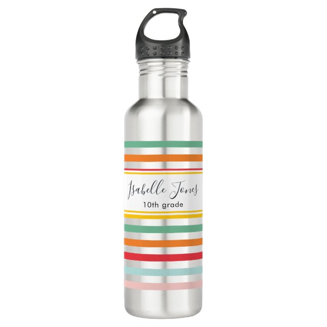bright colourful rainbow stripe fun school college 710 ml water bottle (Front)