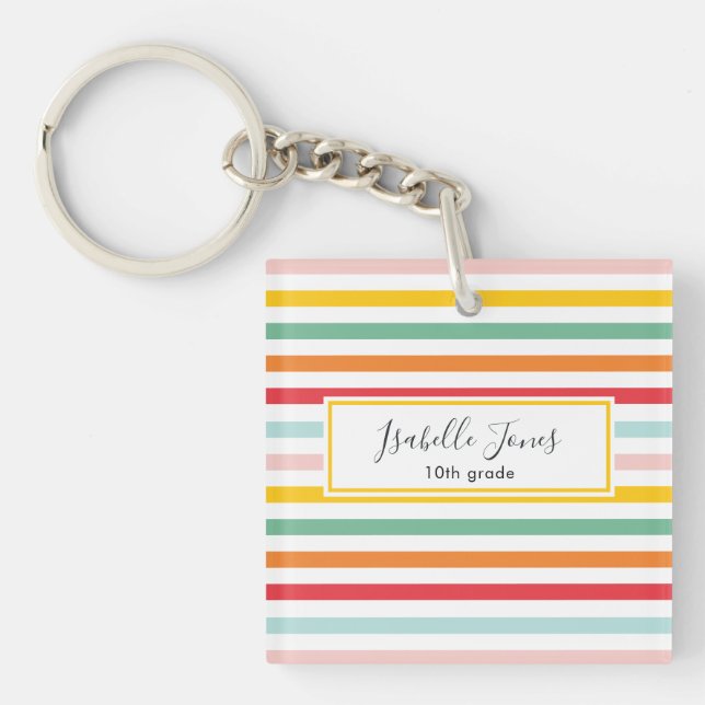 bright colourful rainbow stripe personalised schoo key ring (Front)