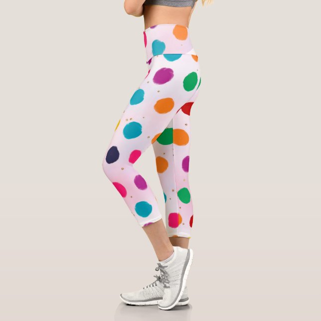 Bright Colourful Random Dot and Gold Glitter Summe Capri Leggings (Left)