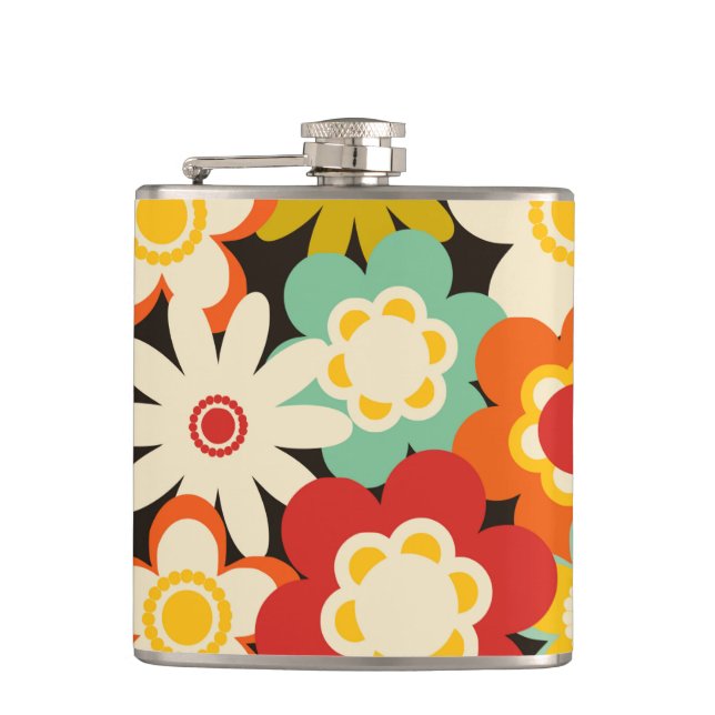 Bright Colourful Retro Cute Floral Pattern Hip Flask (Front)