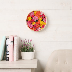 Bright Colourful Roses Pattern Floral Background Clock
