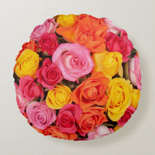Bright Colourful Roses Pattern Floral Background Round Cushion