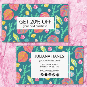 Bright Colourful Seashells and Seaweed Pattern Cut Discount Card