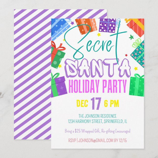Bright Colourful Secret Santa Gift Exchange Party Invitation (Front/Back)