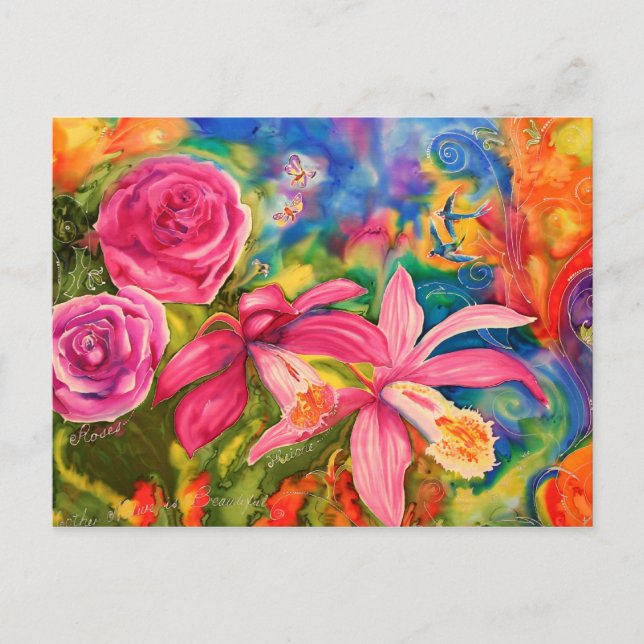 Bright Colourful Silk Flower Garden Note Postcard (Front)