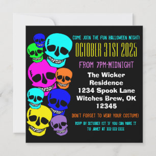 Bright colourful skulls Halloween invites