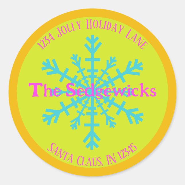 Bright Colourful Snowflake Green Return Address Classic Round Sticker (Front)