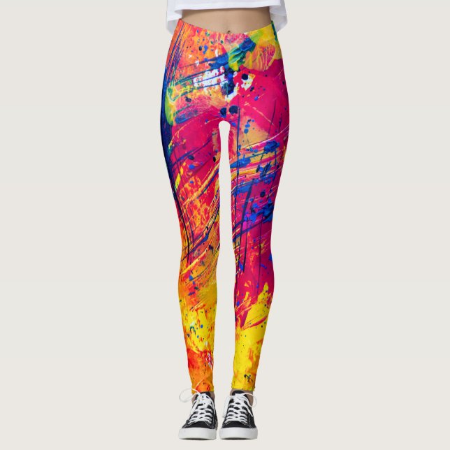 Bright Colourful Splatter Paint Abstract Leggings (Front)