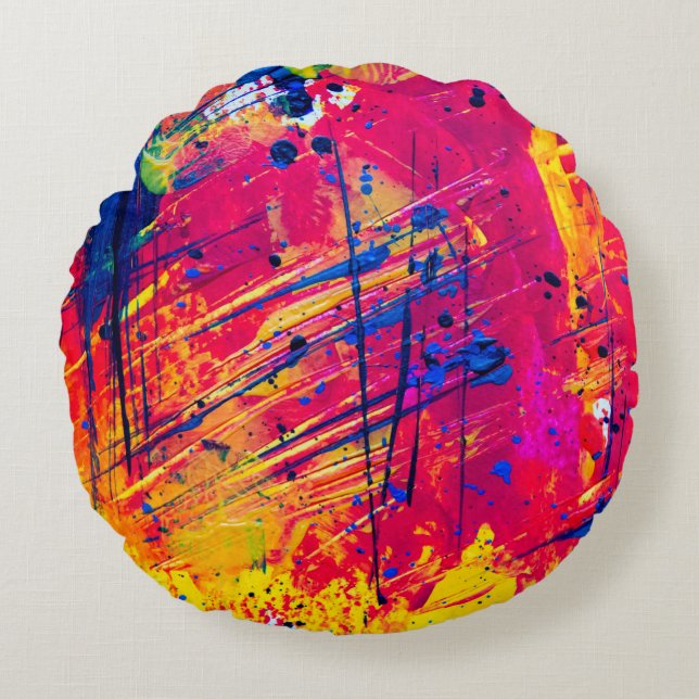 Bright Colourful Splatter Paint Abstract Round Cushion (Front)