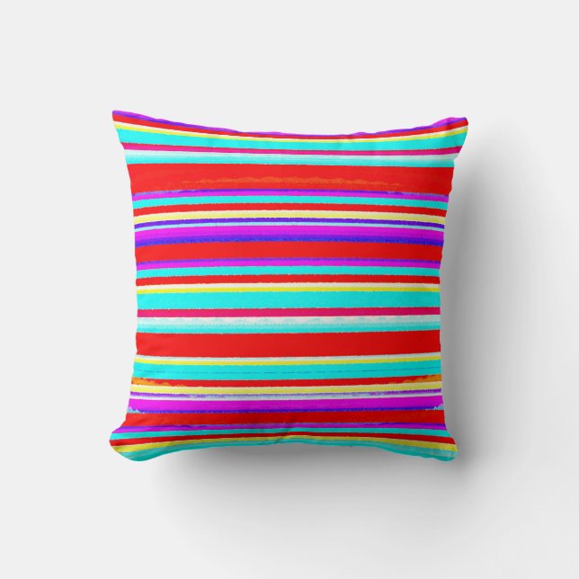 Bright Colourful Stripes in Red Turquoise Hot Pink Cushion (Front)