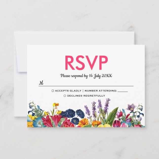 Bright Colourful Summer Flowers Wedding RSVP (Front)