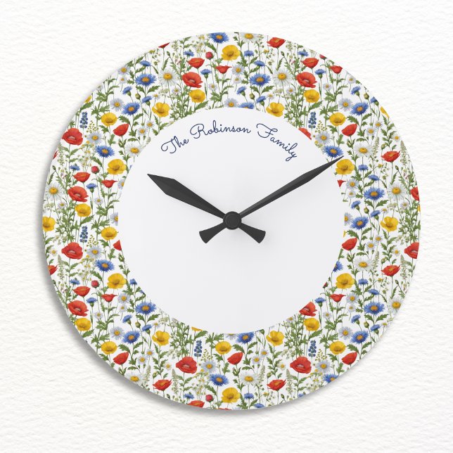 Bright Colourful Summer Wildflowers Floral Round Large Clock (A pretty personalized wall clock with a pattern of colorful summer wildflowers)