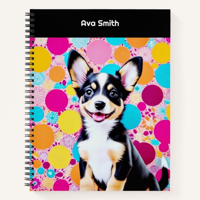 Bright Colourful Trendy Personalised Cute Dog Notebook (Front)