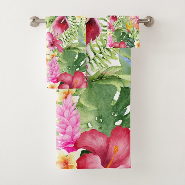 Bright Colourful Tropical Floral Botanical Leaves Bath Towel Set (Insitu)