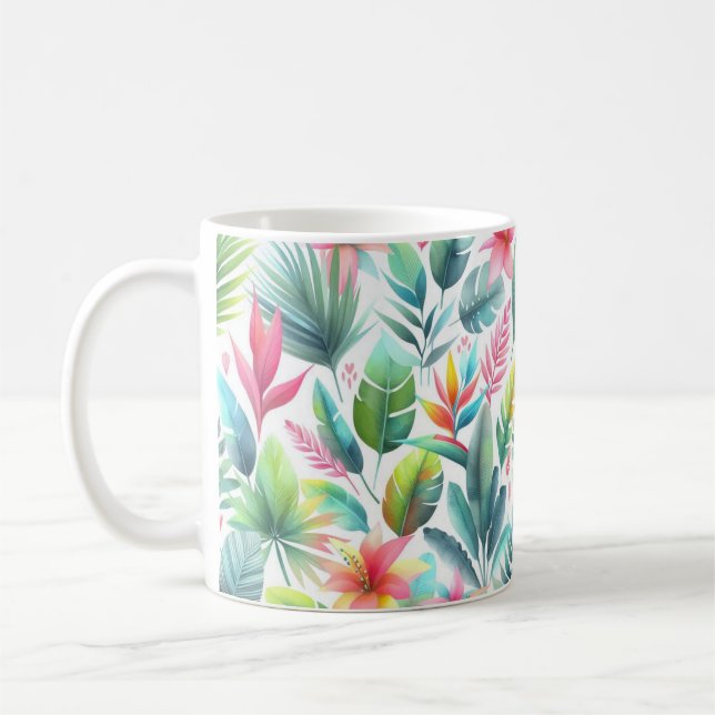 Bright Colourful Tropical Leaves With Pink Coffee Mug (Left)