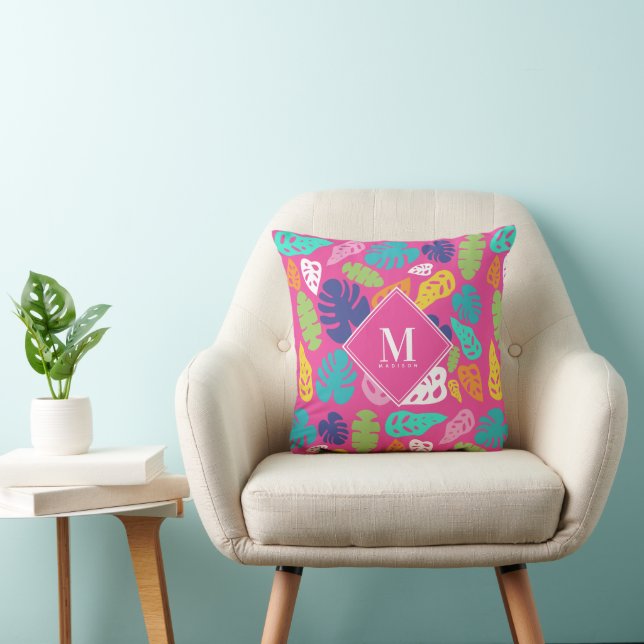 Bright Colourful Tropical Summer Leaves Monogram Cushion (Chair)