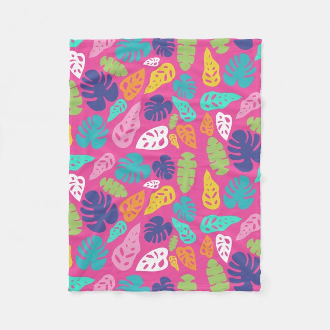 Bright Colourful Tropical Summer Leaves Pattern Fleece Blanket (Front)