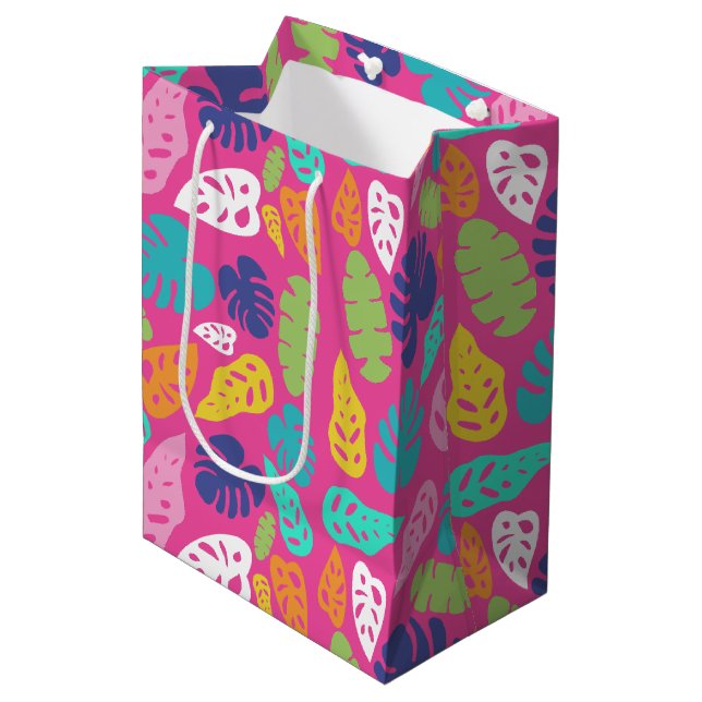 Bright Colourful Tropical Summer Leaves Pattern Medium Gift Bag (Front Angled)