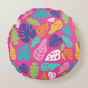 Bright Colourful Tropical Summer Leaves Pattern Round Cushion