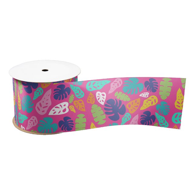 Bright Colourful Tropical Summer Leaves Pattern Satin Ribbon (Spool)
