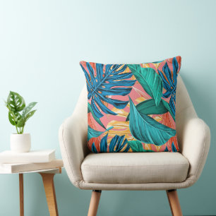 Bright Colourful Tropical Summer Palm Leaves Cushion