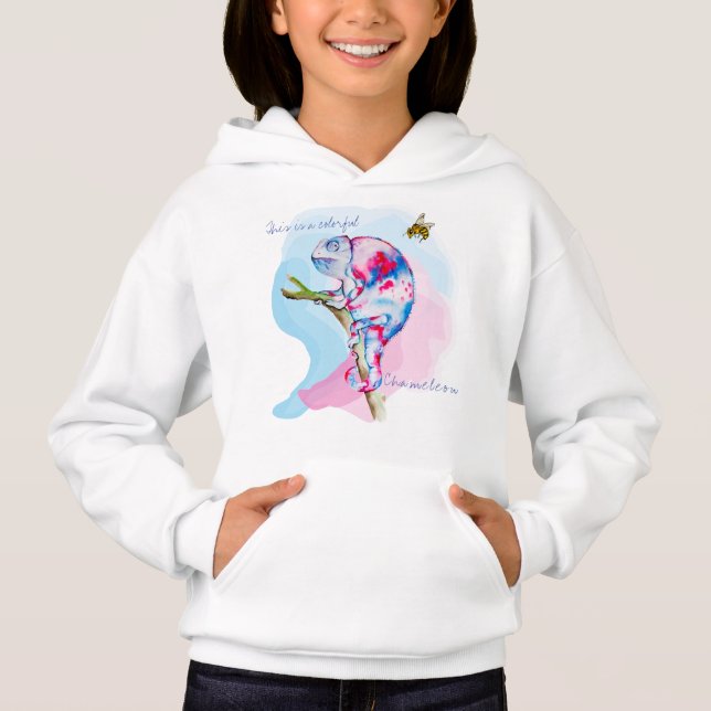 Bright colourful watercolor chameleon and bee. (Front)