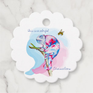 Bright colourful watercolor chameleon and bee. favour tags