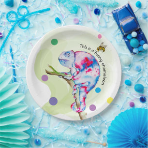 Bright colourful watercolor chameleon and bee. paper plate
