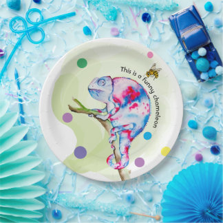Bright colourful watercolor chameleon and bee. paper plate