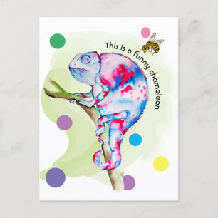 Bright colourful watercolor chameleon and bee. postcard