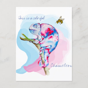 Bright colourful watercolor chameleon and bee. postcard