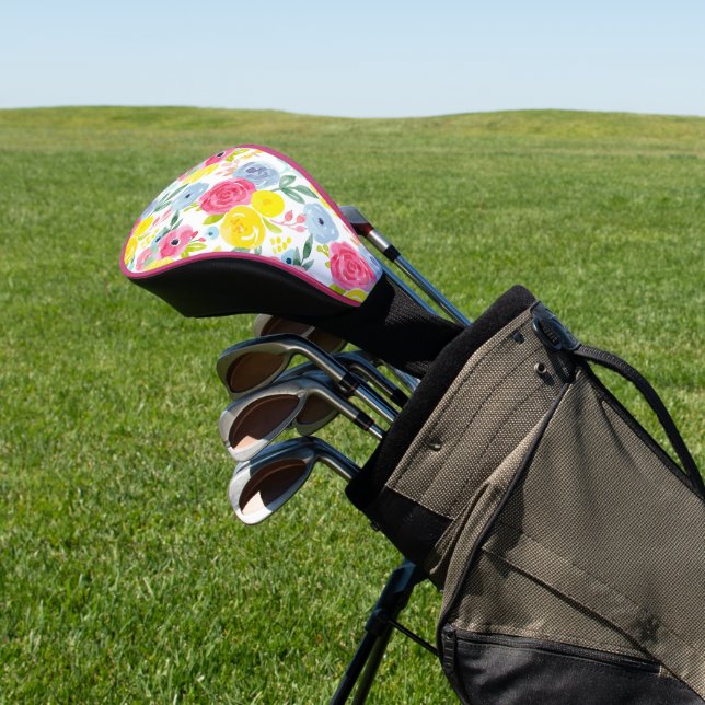Bright Colourful Watercolor Floral Pattern Golf Head Cover (In Situ)
