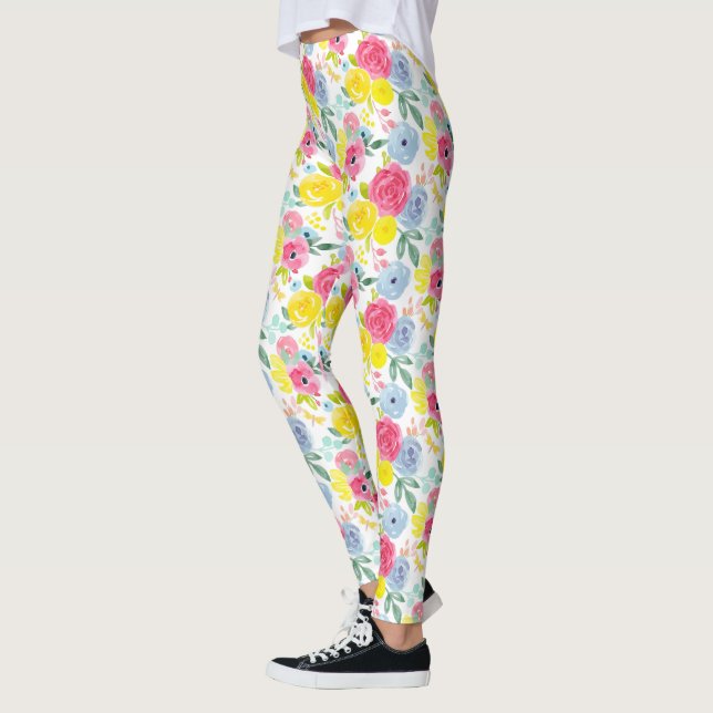 Bright Colourful Watercolor Floral Pattern Leggings (Left)