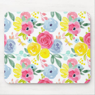 Bright Colourful Watercolor Floral Pattern Mouse Mat