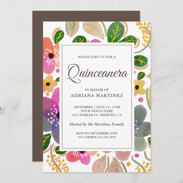 Bright Colourful Watercolor Floral Quinceanera Invitation (Front/Back)